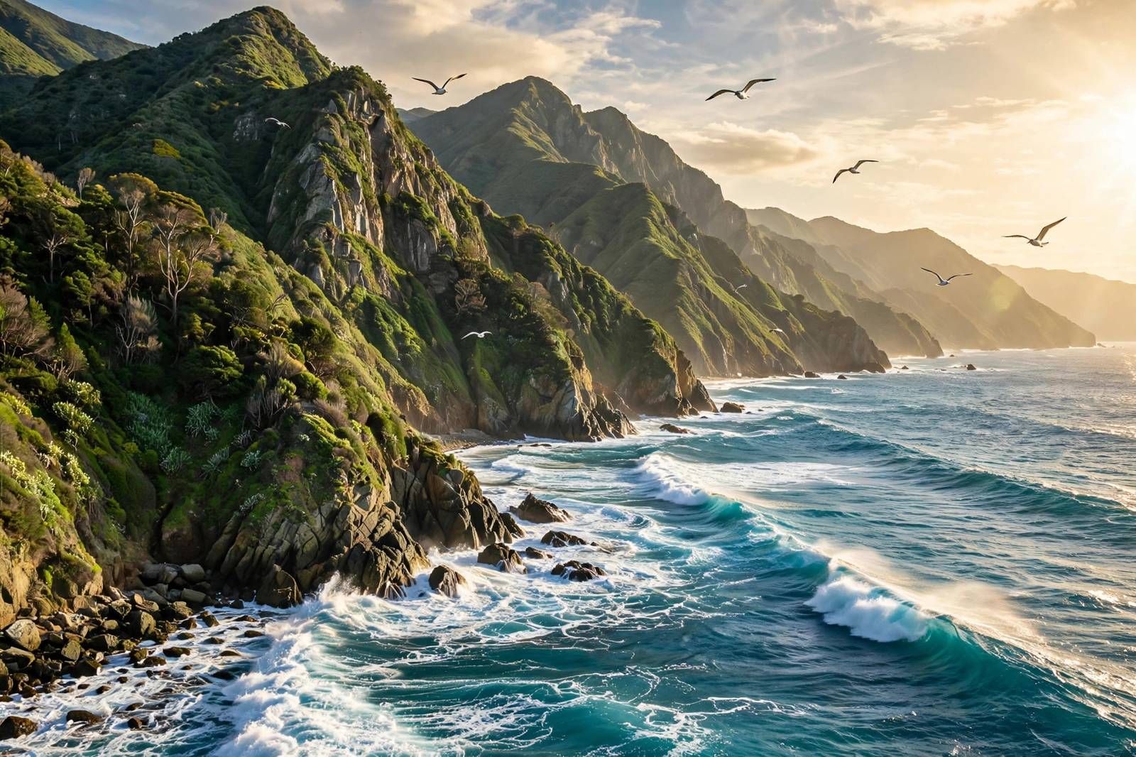 Ocean waves rolling toward coastal mountains at golden hour with seagulls soaring