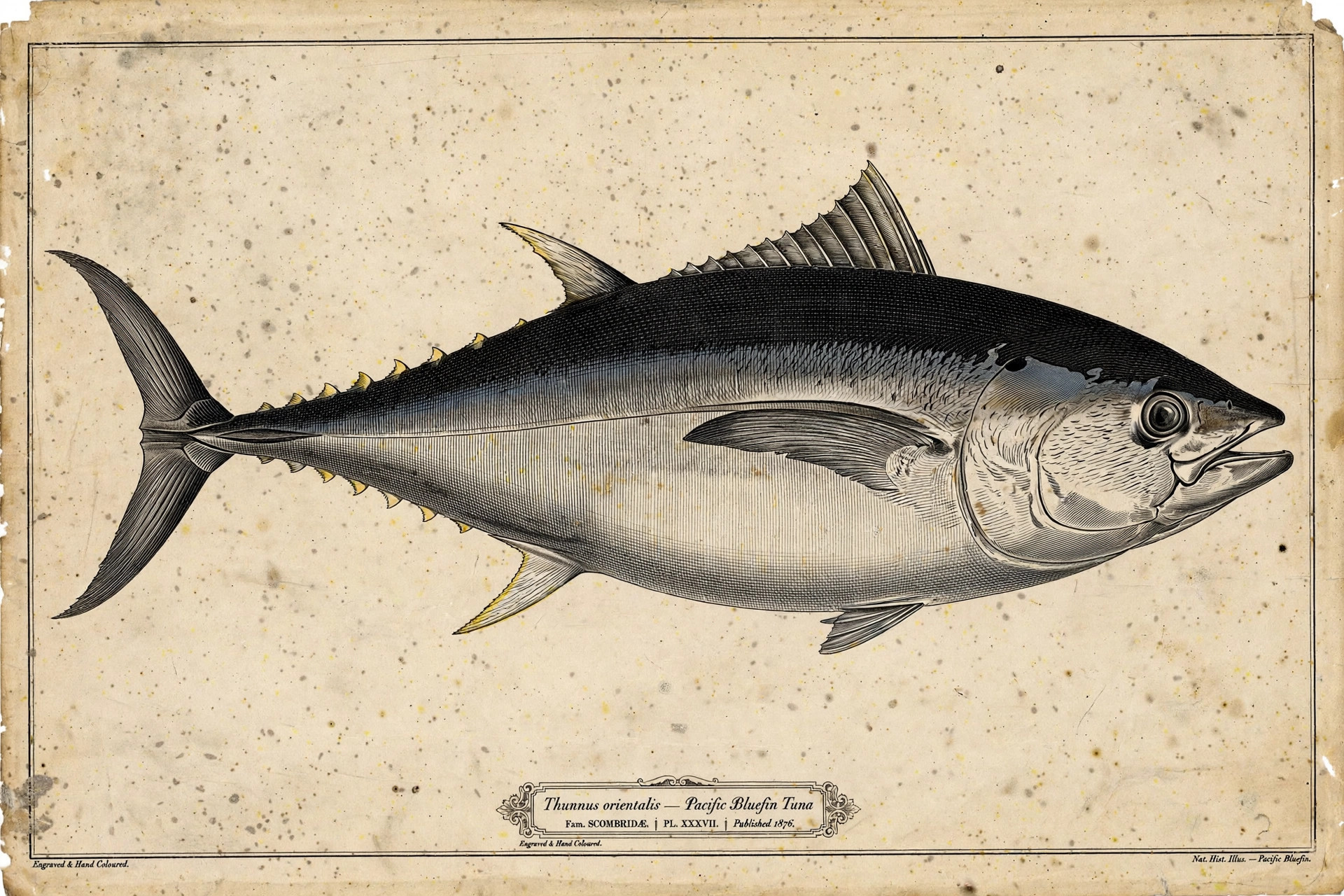 Pacific bluefin tuna (Thunnus orientalis) — vintage-style scientific illustration