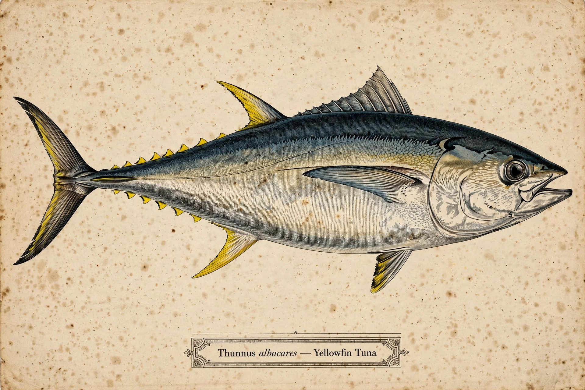Yellowfin tuna (Thunnus albacares) — vintage-style scientific illustration