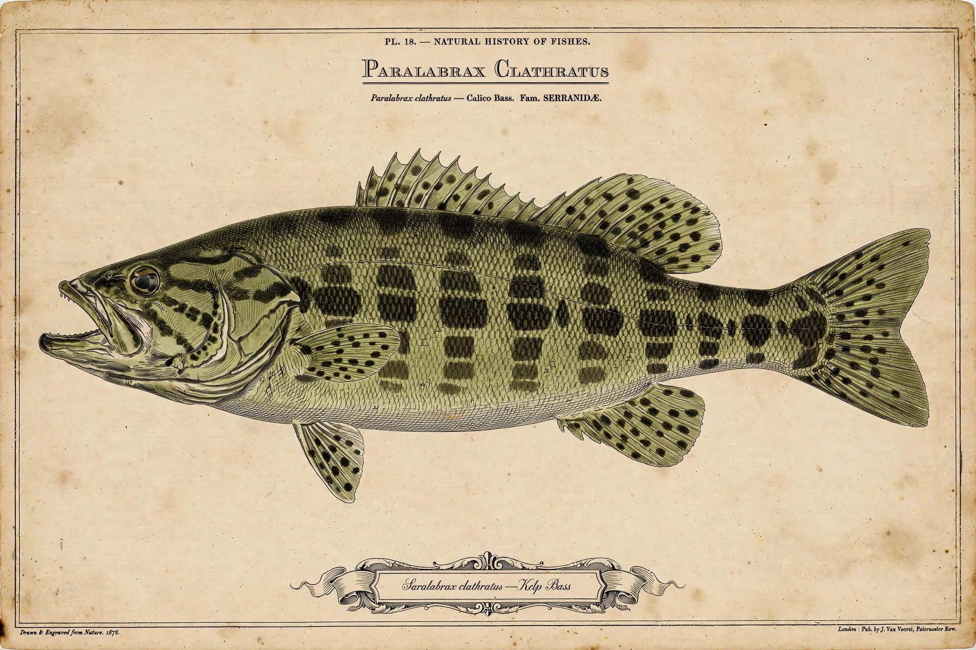 Calico Bass \u2014 vintage-style scientific illustration