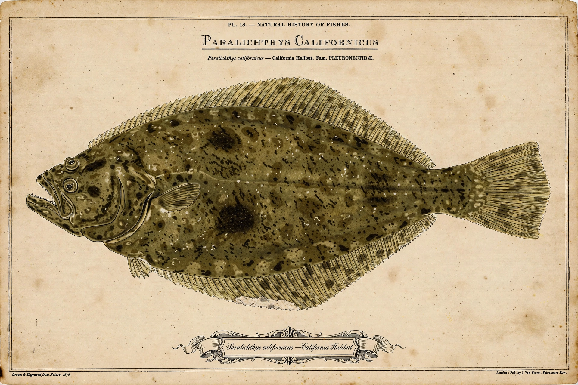 California Halibut \u2014 vintage-style scientific illustration