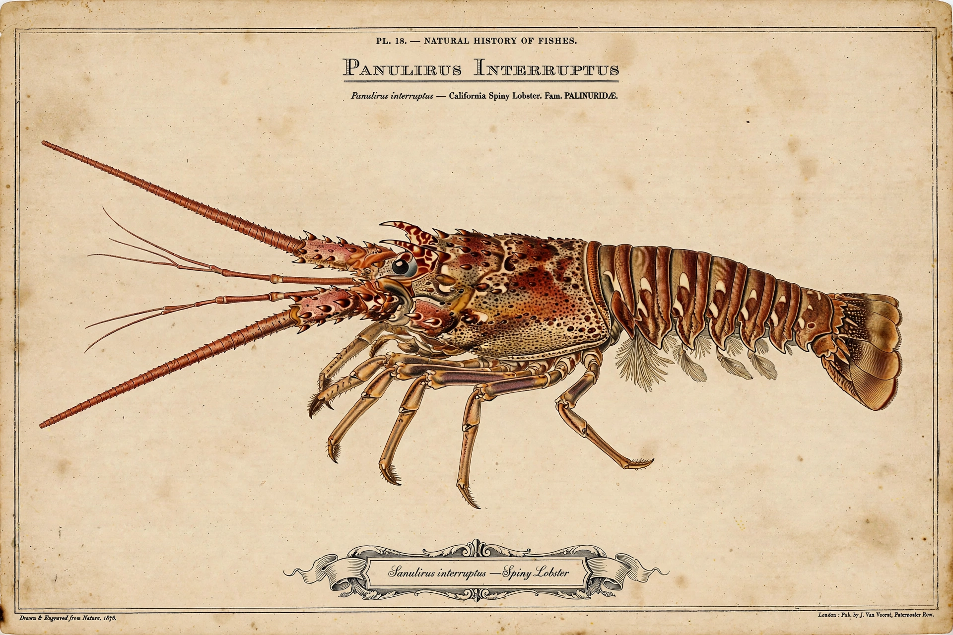 California spiny lobster (Panulirus interruptus) \u2014 vintage-style scientific illustration