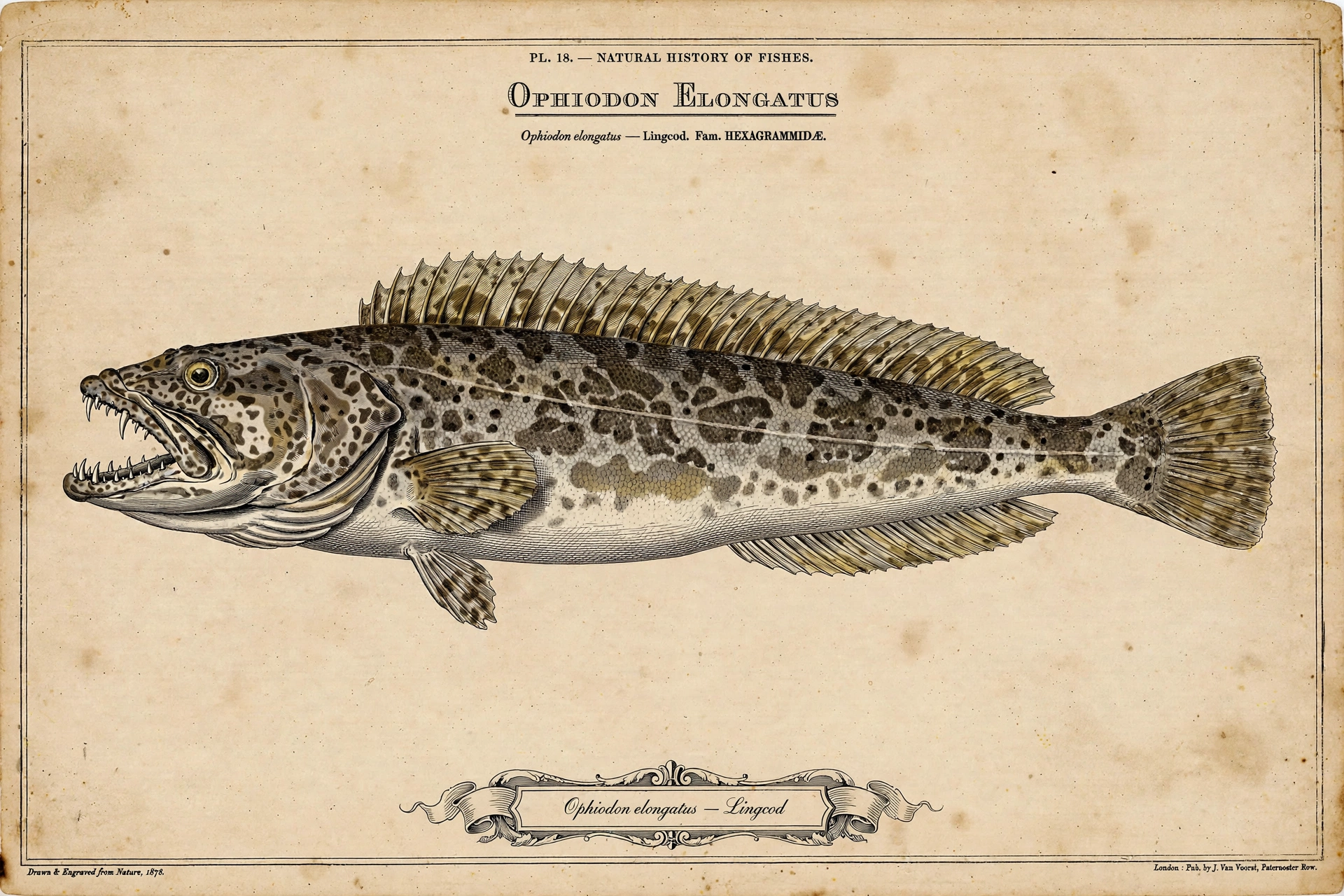 Lingcod \u2014 vintage-style scientific illustration