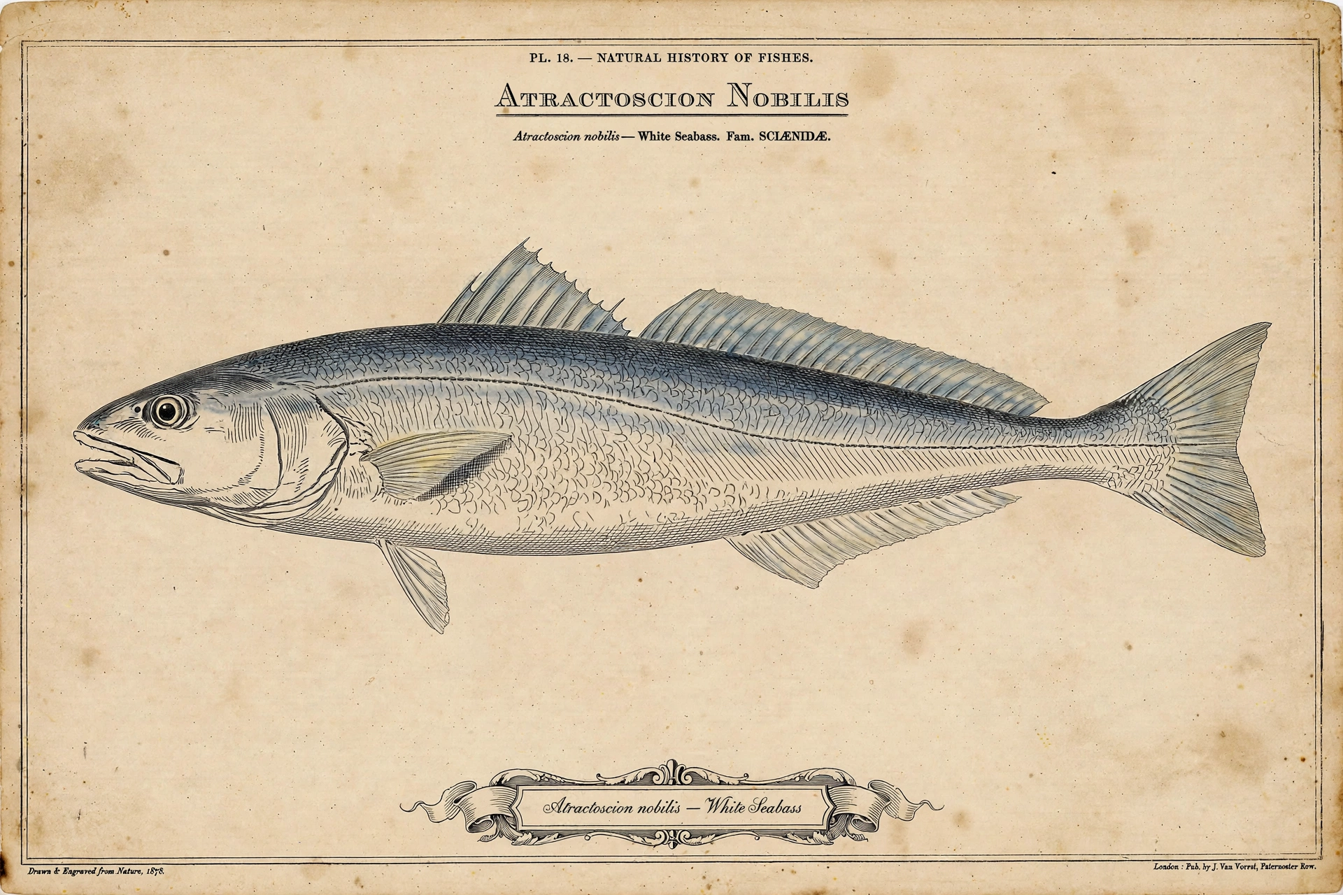 White Seabass \u2014 vintage-style scientific illustration